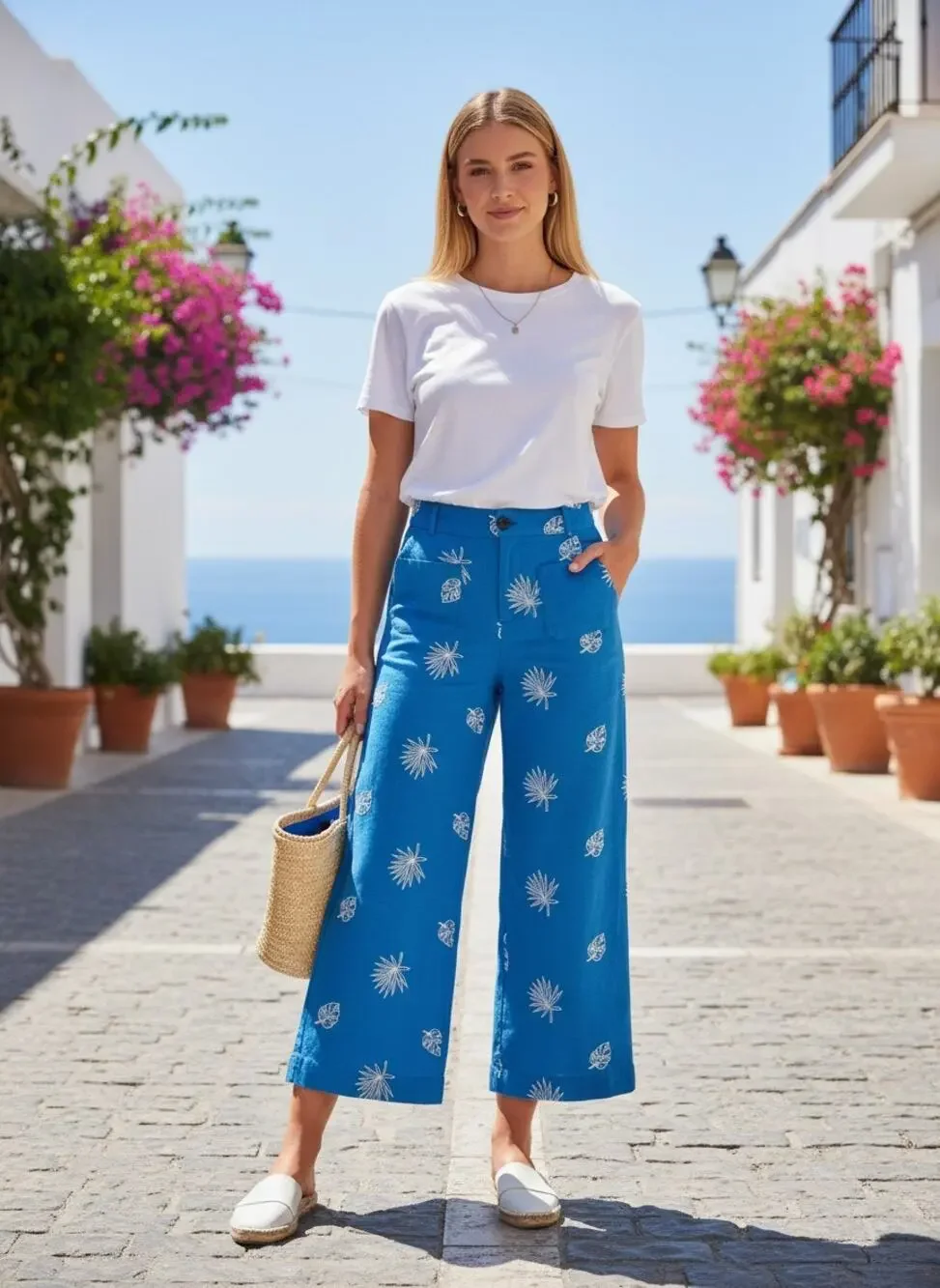 Zara Embroidered Tropical Wide Leg Pants Women's XS Blue